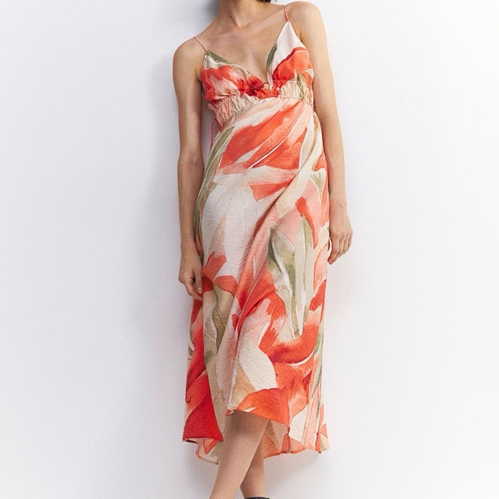 H&M Vibrant Floral Coral and Sage Midi Dress with Drawstring-Detail
